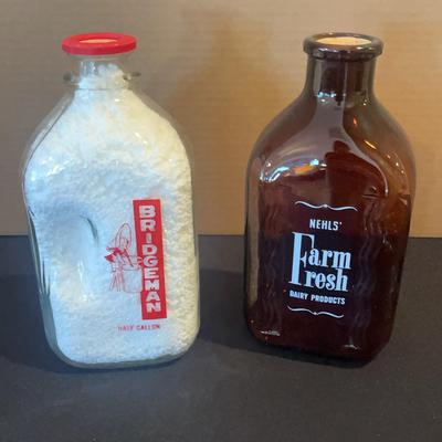 Half Gallon Glass Milk Containers - Bridgeman Red Print And Nehls Brown Bottle