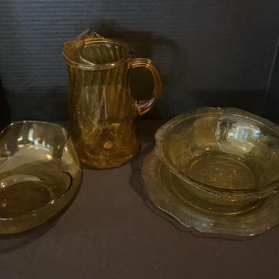 Amber Glass Plate, 2 Bowls And Pitcher
