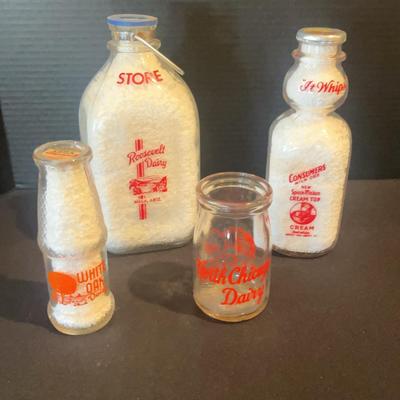 Lot Of 4 Glass Milk Bottles - Red And Orange Lettering