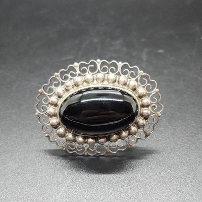 Black Stone Brooch Intricate Metal Work