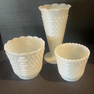 Hobnail Dots And Dash White Milk glass Set Of 3 Vase And Planters