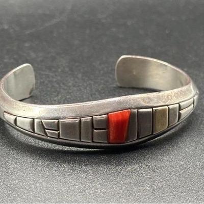 Ryan Sanchez 14k Gold and .925 Sterling Silver Modernist Cuff Bracelet with Red Stone Inlay