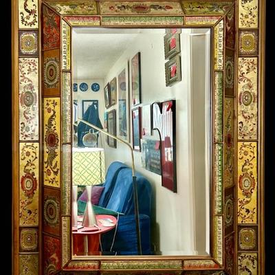 Hand-Painted Wood Italian Florentine Mirror With Ornate Gilded Frame