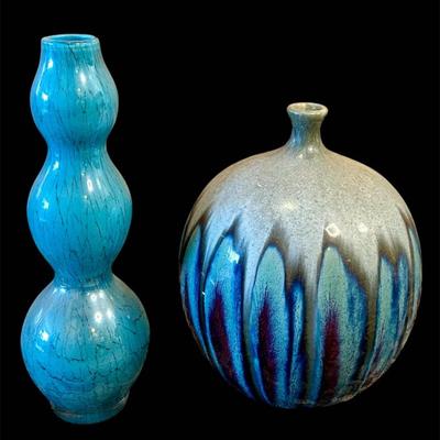 Modern Drip Glaze Ovoid Vase and Pier 1 Hand Blown Glass Triple Gourd Vase
