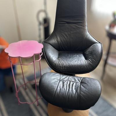 Vintage Massaud Style High Back Leather Swivel Armchair with Ottoman and Pink Flower Table