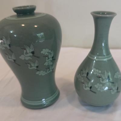 Korean Celadon Pottery Vases - Flying Crane & Plum Blossom Design