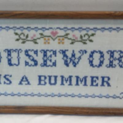 Framed Cross-stitch Embroidery “Housework is a Bummer” Wall Decor 