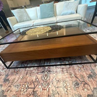 Natuzzi leather couch & glass coffee table (table decor not for sale)