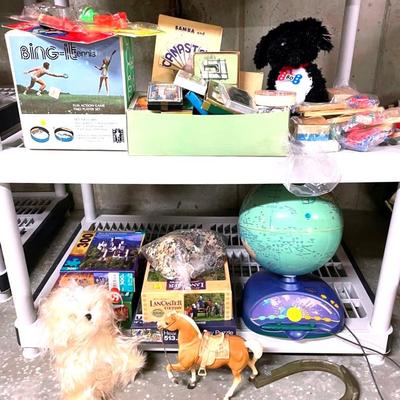 Two Shelves Of Toys With Quantum Leap Globe, Box Of Playing Cards And More 