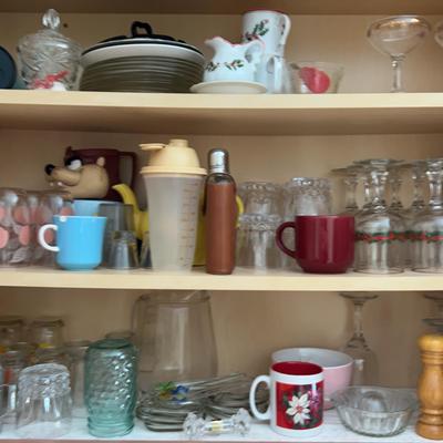 Cabinet Of Kitchen Wares With Golden Anniversary Champagne Coupes, Christmas Drinkware And More 