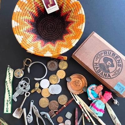 Foreign Coins, Vintage Cigar Box, African Fiber Basket, Vintage Tokens And Souvenir Collectibles 