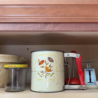Vintage Kitchenwares With Yellow Ware Mixing Bowl, Planters Peanuts Jar Chopper And More 