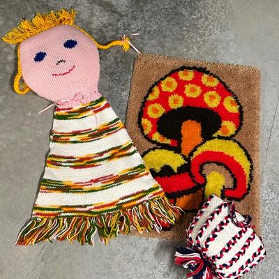 Vintage Hooked Mushroom Rug, Knitted Doll / Pillow and Bucket Handbag, 1970s