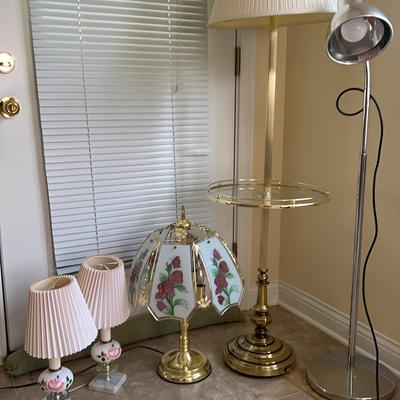 Five Lamps Including A Glass Top Lamp Table, Chrome Reading Lamp And More