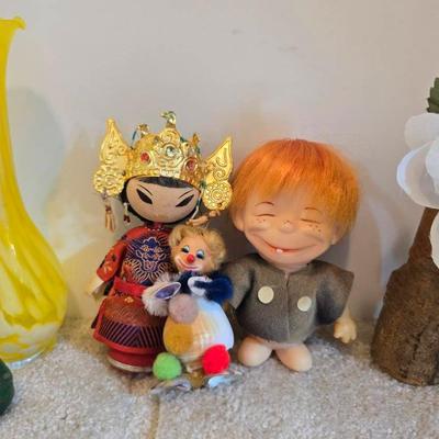 Assorted Dolls, Glass, and Other Decorations