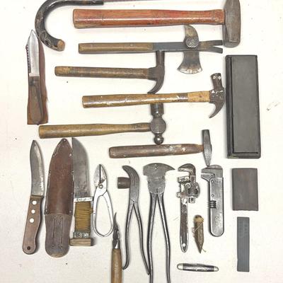 Antique And Vintage Hand Tools With Hammers, Knives, Sharpening Stones And More