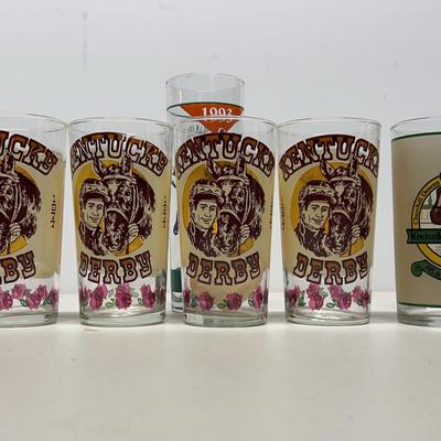Four 1977 Kentucky Derby Glasses, A 1987 KY Derby Glass And Three Jim Beam Stakes Glasses