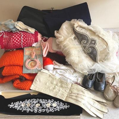 Vintage Women’s Beaded Bridal Veil, Victorian Leather Gloves, Baby Shoes And Crocheted Vintage Throw