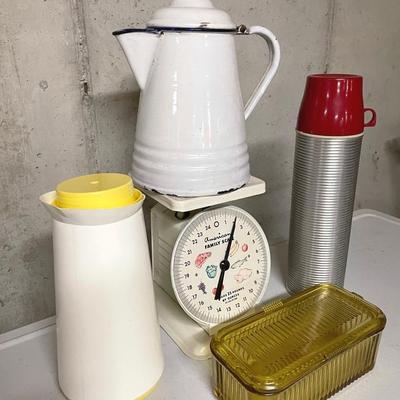 Vintage Enamel Coffee Pot, Federal Glass Refrigerator Dish, Thermos And Scale 
