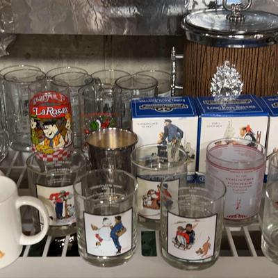 Vintage Collectible Glassware With Ziggy Christmas Glasses. Norman Rockwell Glasses And Mugs & More