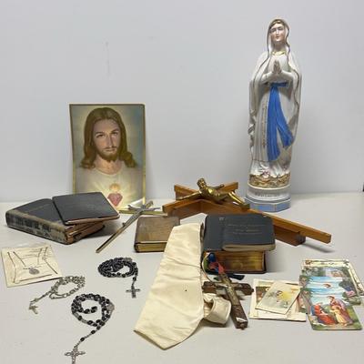 Vintage And Antique Religious Collectibles With A Bisque Statue From Lourdes, Rosaries And More 