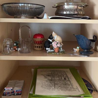 Silver Plate Casserole, Gravy Boat, Cat Figurines And More 