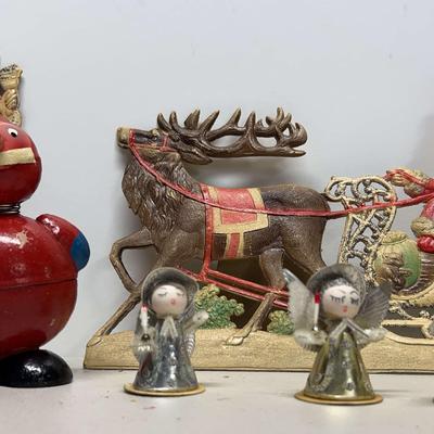 Antique German Christmas Candy Container Victorian Pressed Paper Cutouts w/ Vintage Japanese Angels 
