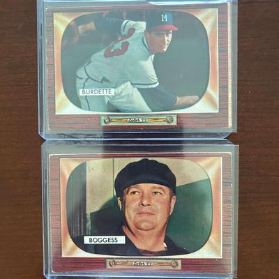1955 Bowman Baseball Cards. Dusty Boggess #297 and Lou Burdette #70
