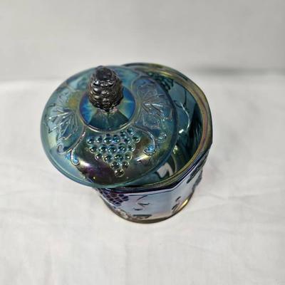 Vintage Indiana Glass Iridescent Blue Carnival Glass Lidded Jar