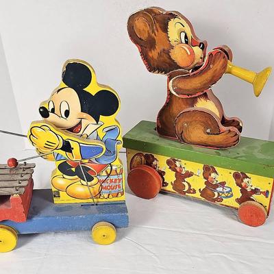 Two vintage Fisher-Price wooden pull toys- Mickey Mouse & Teddy Tooter