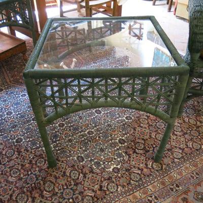 Bar Harbor Green Coated Wicker Glass Top Patio Table