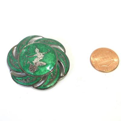 Sterling and Green Enamel Dancing Shiva Pin