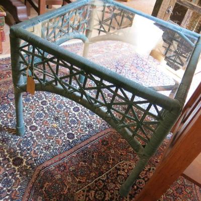 Bar Harbor Green Coated Wicker Glass Top Patio Table