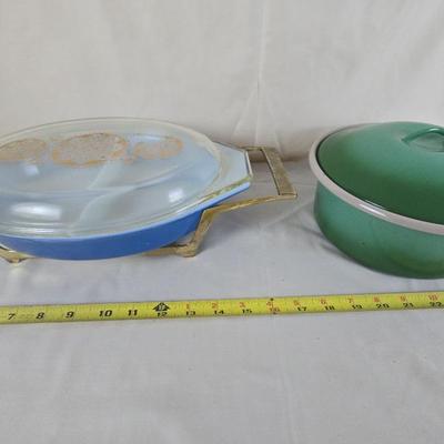 Vintage Green Enamel ware & Vintage Royal Blue Divided Baking Dish With Cradle