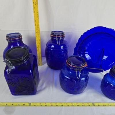 Collection Of Blue Glass Canister's & Bowl