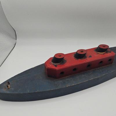 Blue and Red Wooden Toy Battleship Vintage