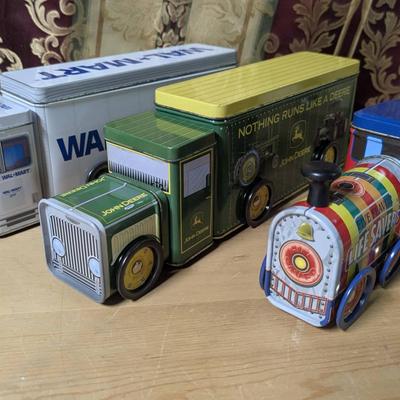 Collection Of Brand Tin Automotives Two Trucks And A Train Walmart, John Deer And Life Savers