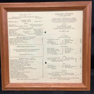 Framed Vintage Menu February 11, 1919