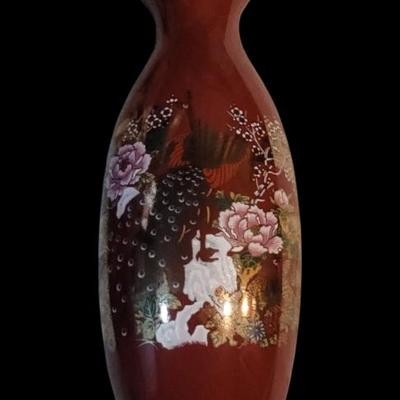 Sale Photo Thumbnail #1: Vintage Interpur Red. Gold Ceramic Hand Painted Peacock Flower Vase