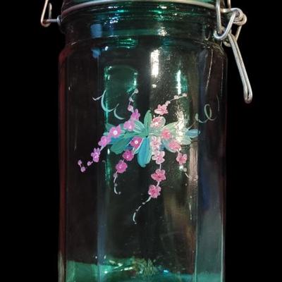 Sale Photo Thumbnail #19: Green Glass Canister with Hand painted Flowers