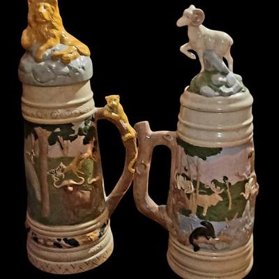 Sale Photo Thumbnail #50: Vintage German Inspired Holland Mold Ceramic Beer Steins 18" Lion & Ram