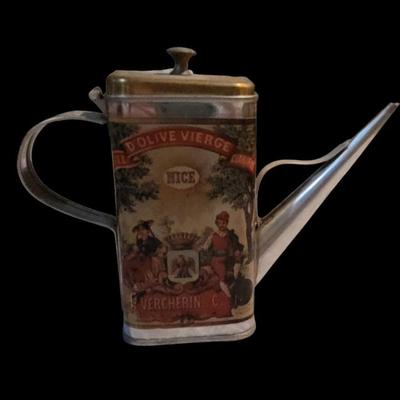 Sale Photo Thumbnail #29: Vintage Huile D'Olive Vierge Clarifiee by Vercherin & C. Olive Oil Tin w/ attached spout (French)