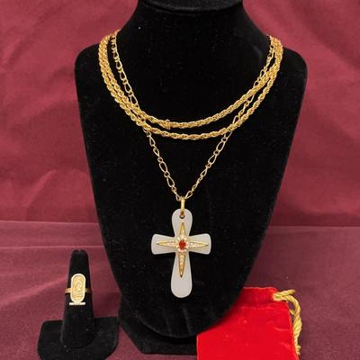3 Strand Necklace Cross Pendant And Egyptian Hieroglyphic Ring