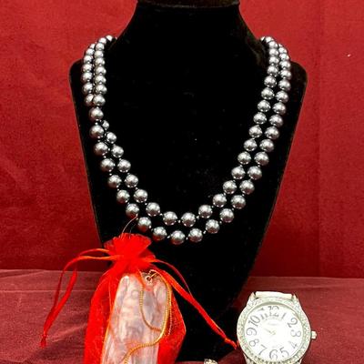 Pearl Necklace, White Watch, Silver Pendant, 
