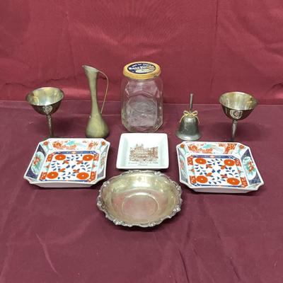Decorative Dishes, Silver, Bell, And A Jar