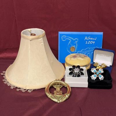 Door Knocker, Lamp Shade, Pins, Floral Trinket Box, And Olympic Coin