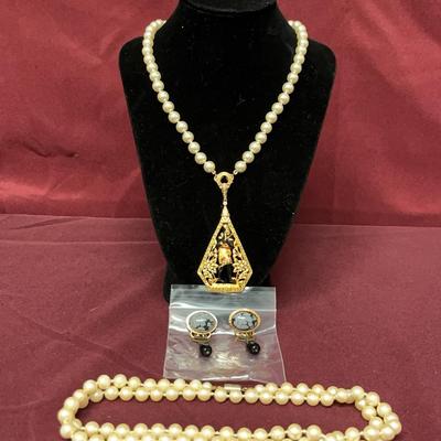 Pearl Necklace, Egyptian Pearl Necklace, And Earrings