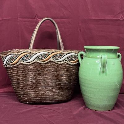 Straw Tote And Crazed Ceramic Pot