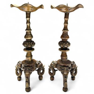 Sale Photo Thumbnail #216: Brass Lotus Pricket Candlesticks