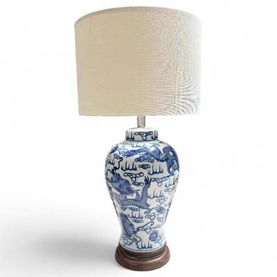 Sale Photo Thumbnail #132: Blue and White Ceramic Lamp with Cotton Shade
